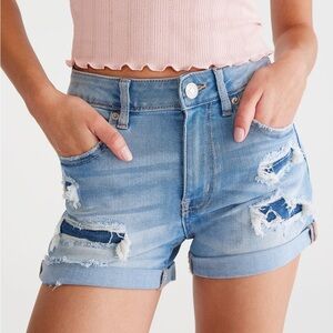 Aeropostale Seriously Stretchy High-Rise Distressed Denim Jean Roll-Cuff Shorts
